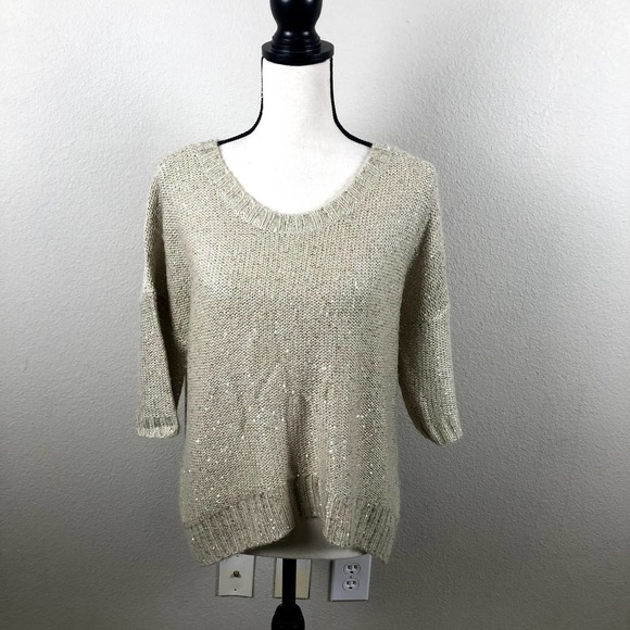 ALLEN B by Allen Schwartz Womens Sweater Medium Gold Knit Shimmery Crew Neck Zip - Picture 11 of 12